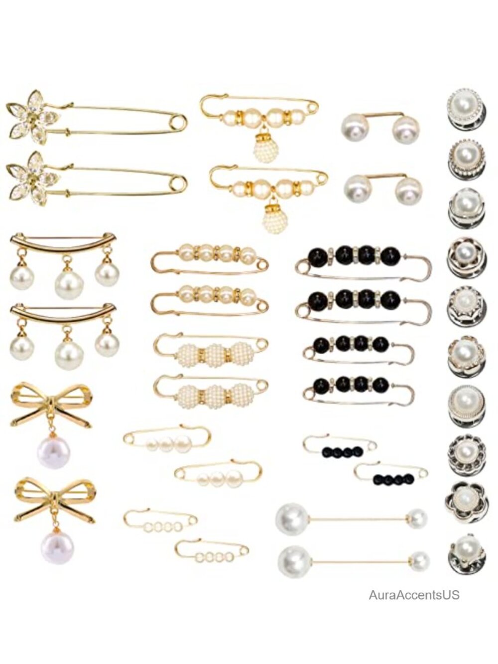36 Pearl Brooch Pins Sweater Shawl Clip Neckline Safety Rhinestone Brooches for